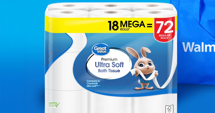 Great Value Premium Ultra Soft Mega Roll Toilet Paper 18-Pack on a blue background next to a walmart bag