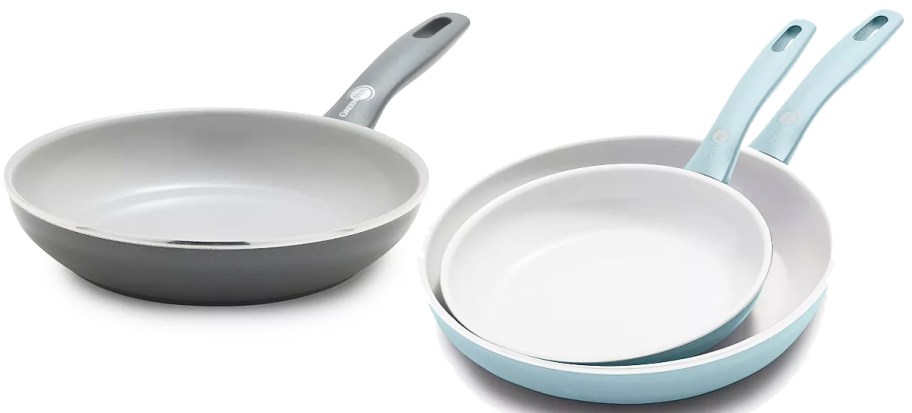 grey and blue GreenPan frying pans