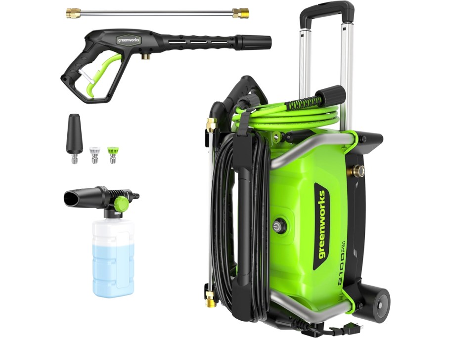black and green pressure washer with accessories