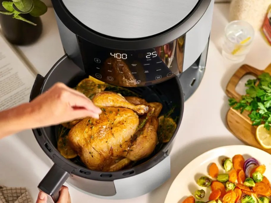 hand putting seasoning on a chicken in a large air fryer