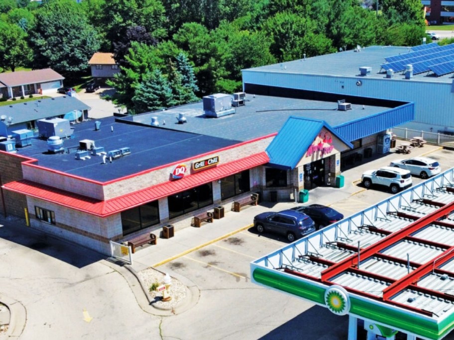 a gas station and travel center seen from above