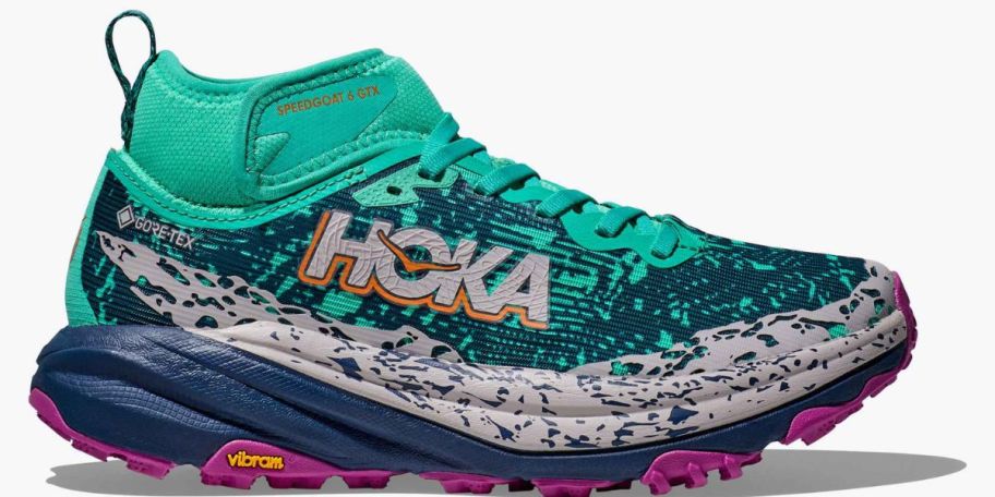A multicolored running shoe from HOKA