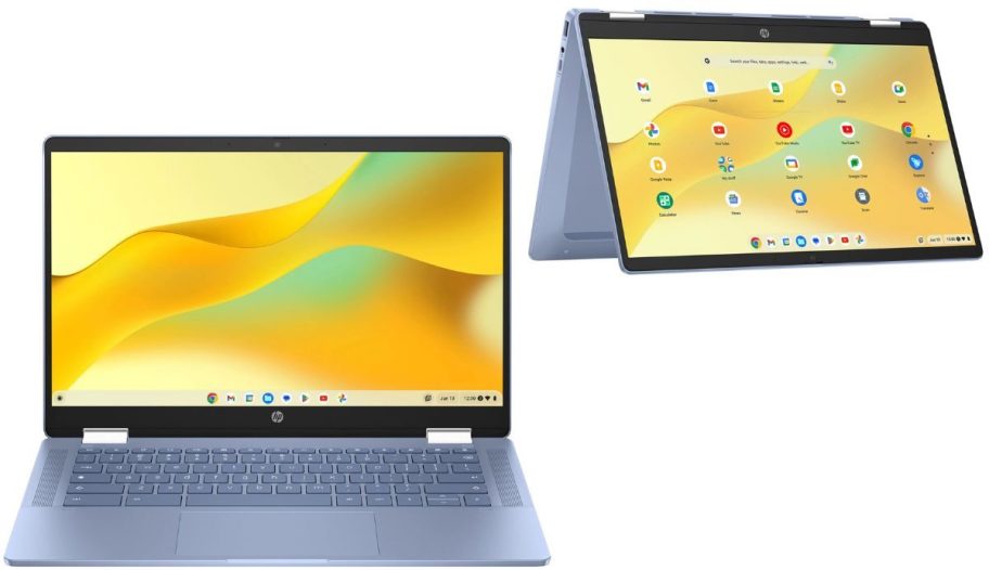 Stock images of an HP Chromebook laptop with the laptop open and with the back flipped back converting it to a tablet