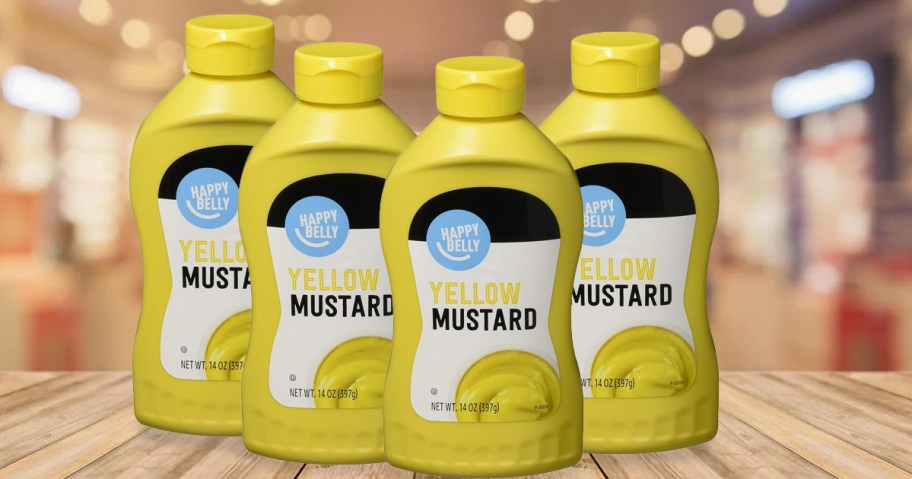 4 bottles of Happy Belly Yellow Mustard on wood table