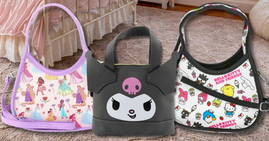 Hello Kitty and Disney purses on a bedroom floor