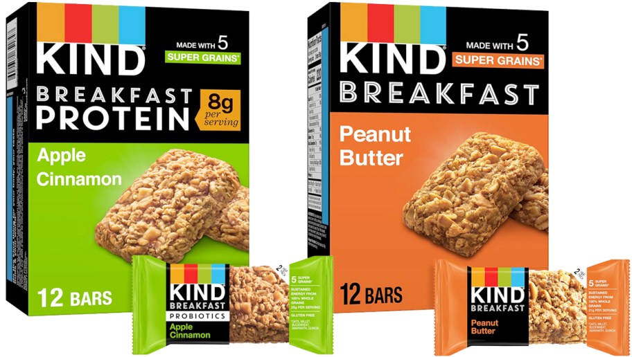 green and orange boxes of KIND Breakfast Protein Bars