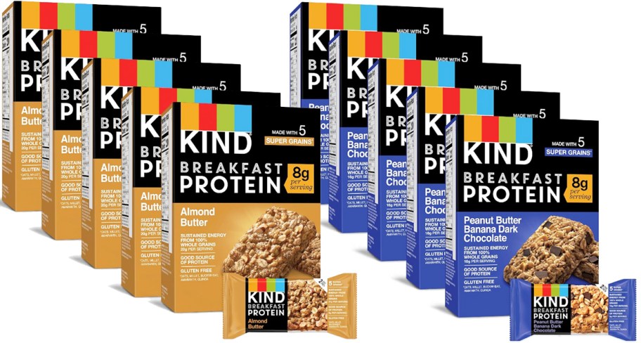 multiple tan and blue boxes of KIND Breakfast Protein Bars