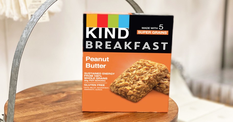 box of KIND Breakfast Protein Bars on a wood lazy susan