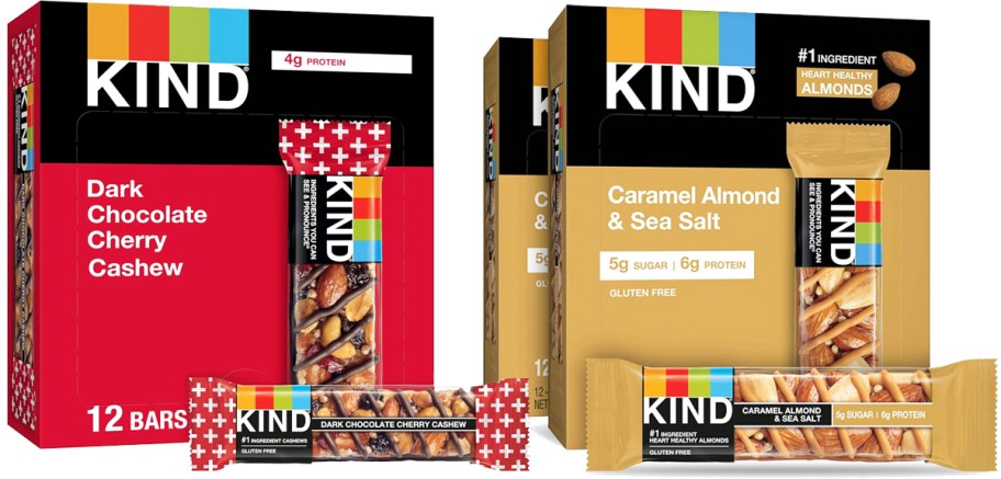 red and tan boxes of KIND Nut Bars
