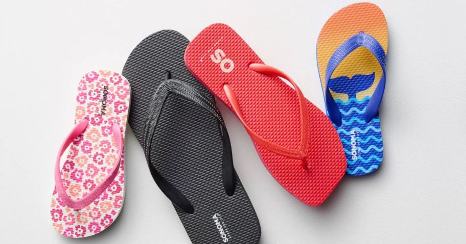 4 single flip flops for kids, men and women