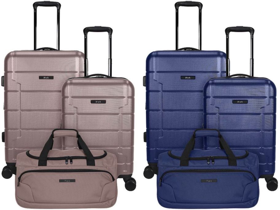 Stock images of two iPack 3-Piece Hardside Spinner Luggage Sets in rose gold and navy blue