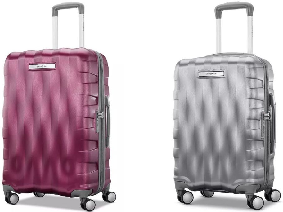 Stock images of two Samsonite Ziplite 6 Hardside Spinner Suitcases in magenta and silver