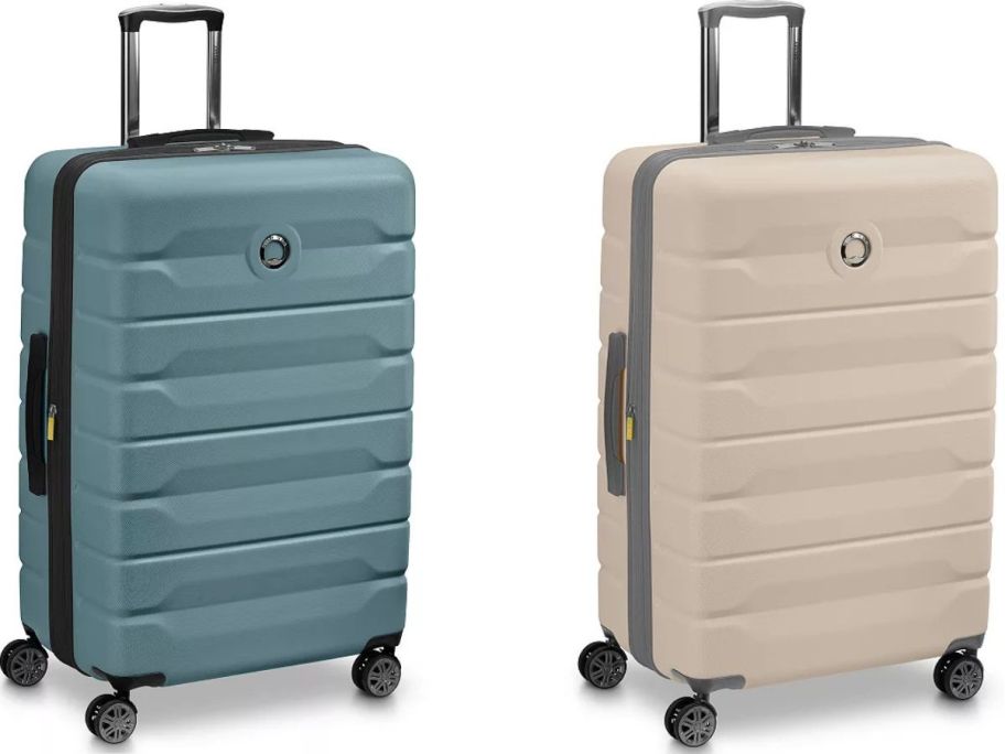 Stock images of two Delsey Paris Air Armour Hardside Spinner Suitcases in teal and beige
