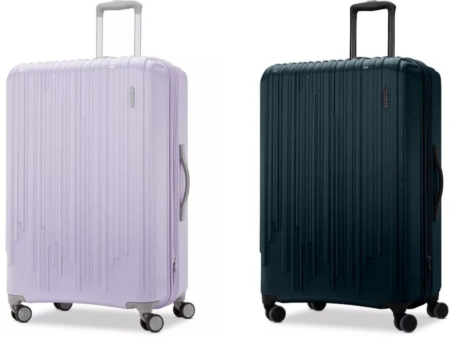 Stock images of two American Tourister Max Hardside Spinner Suitcases in lilac and dark green