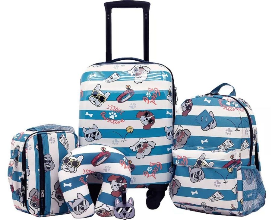 Stock image of a Travelers Club Kids 5-Piece Luggage Set with dogs wearing sunglasses on it