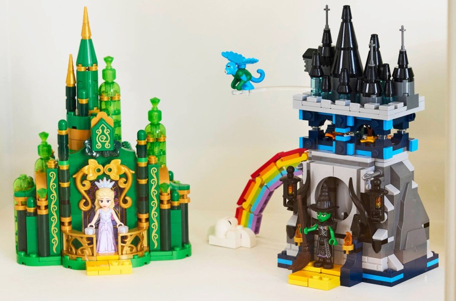 LEGO Wicked Emerald City & Kiamo Ko Castle set on a white shelf