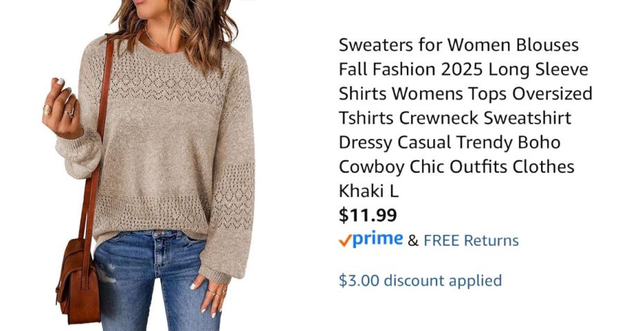 woman wearing a tan sweater next to Amazon pricing information