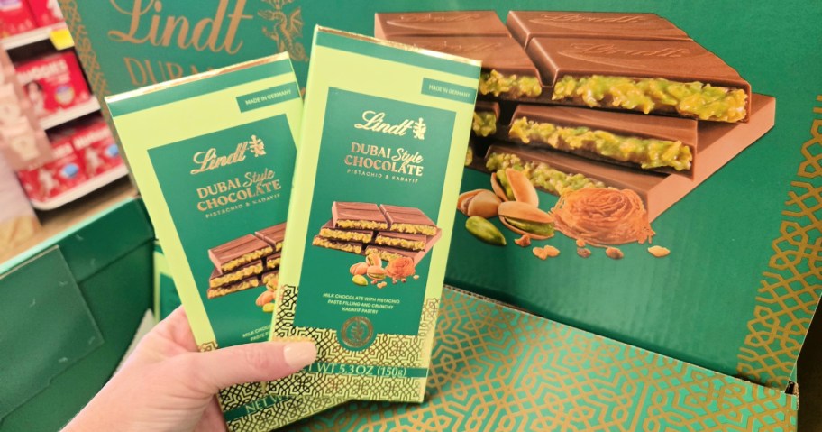 Lindt Dubai Chocolate bars in hand