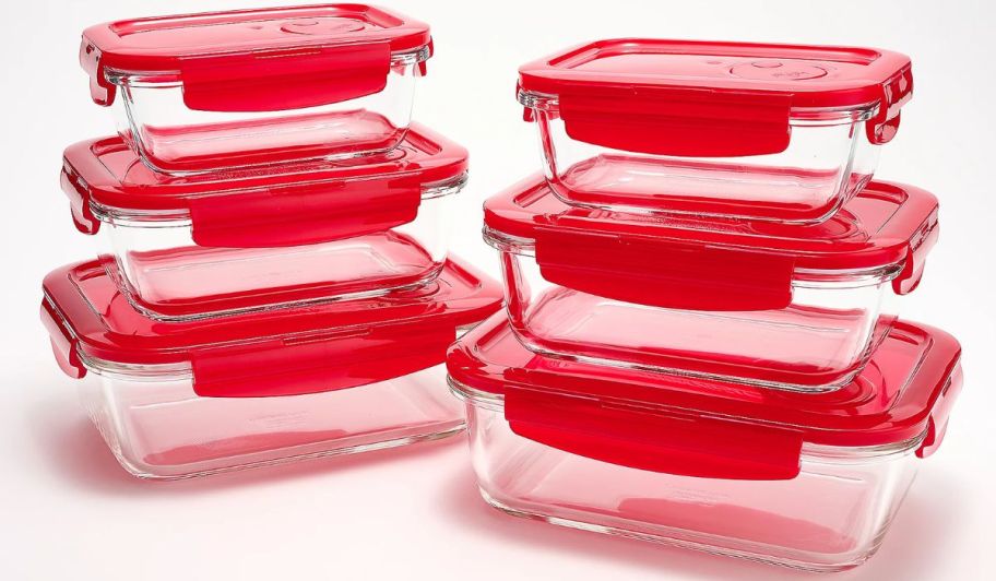 6 glass food containers with redlids