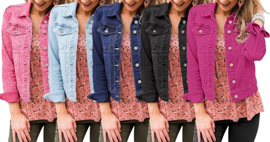 5 duplicate stock pictures of a women wearing colorful denim jackets