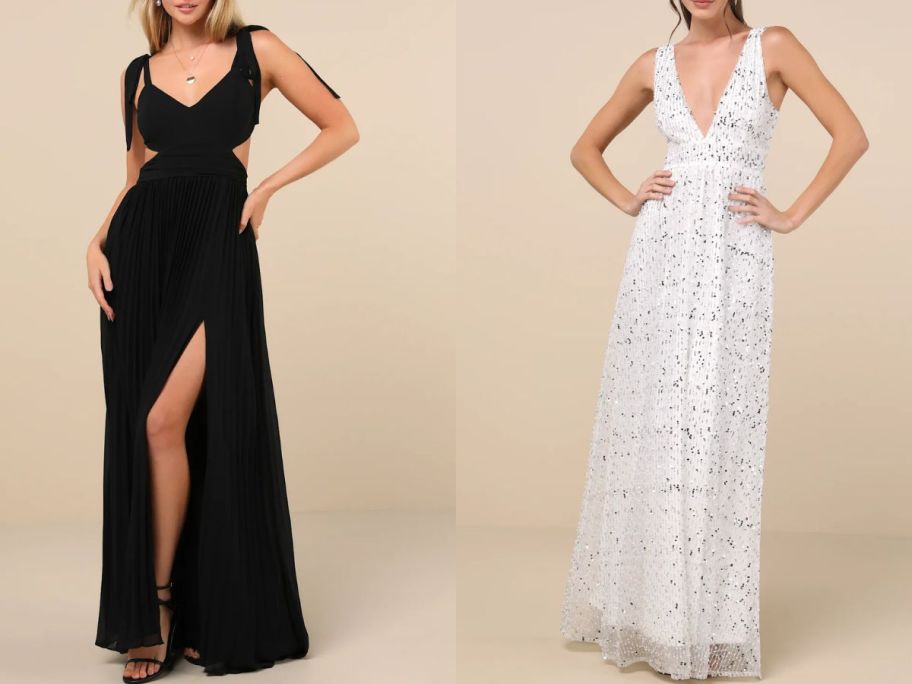 Stock image of two women wearing long dresses from Lulus