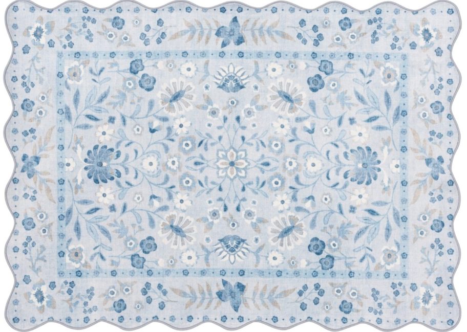 blue floral faux fur rug