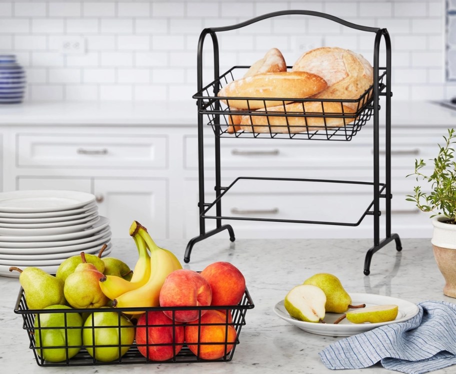 wire fruit baskets on counter