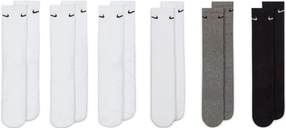 six mens crew socks in various colors