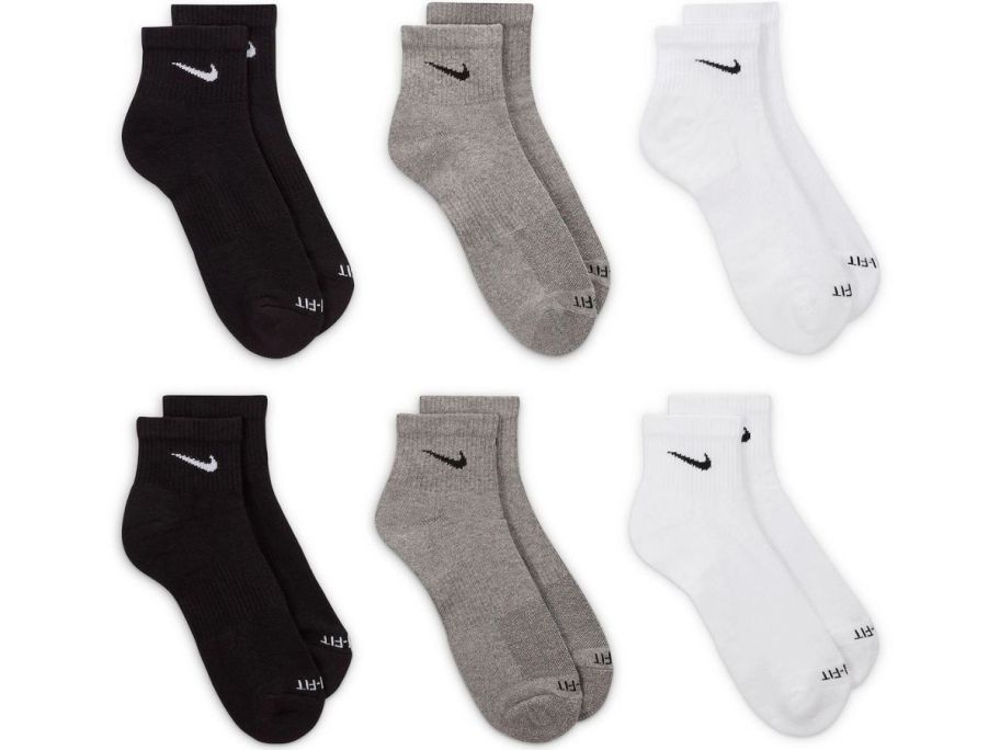 six pair of mens ankle socks in black gray and white