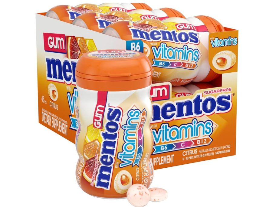 Orange canister of Mentos Gum with Vitamins 6-Pack