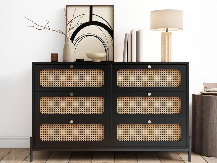 Modern Wood Cannage Rattan Wood Closet 6 Drawers Dresser