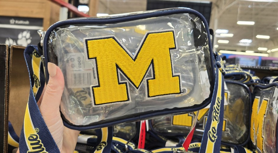 hand holding up a Michigan state clear corssbody bag