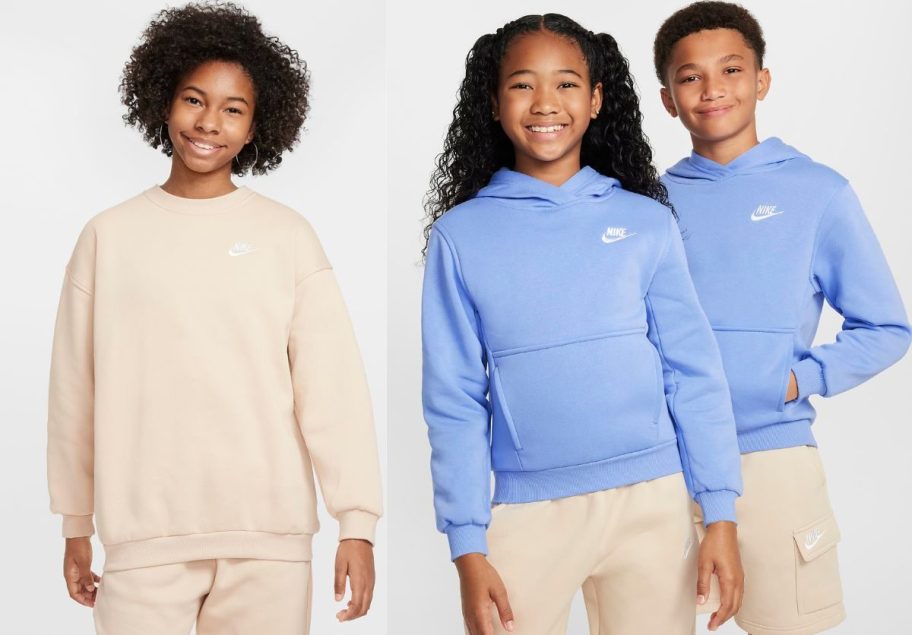 Children wearing nike sweaters in biege and blue