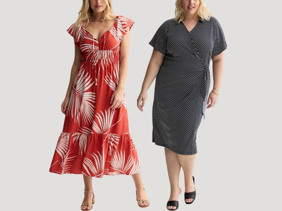 two women in midi dresses