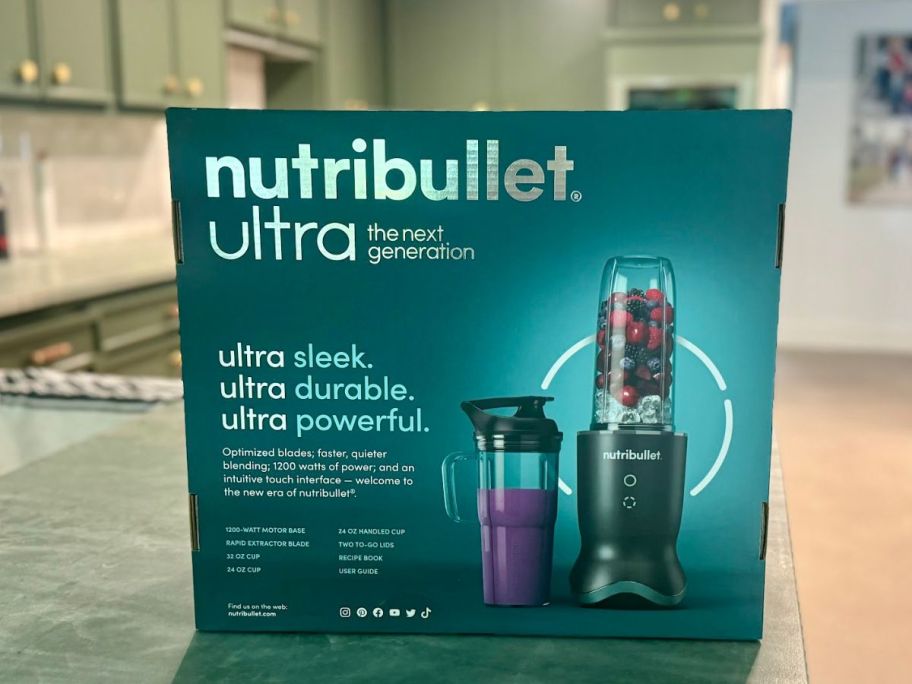 NutriBullet Ultra Personal Blender inside of its box on the kitchen counter