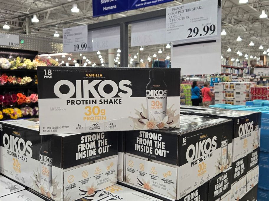 18-count cases of Oikos Vanilla Protein Shakes at Costco