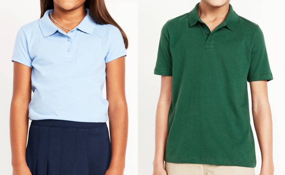 girl and boy in blue and green polo shirts