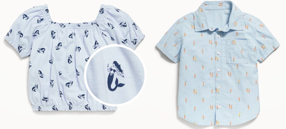 two light blue mermaid and carrot print tops