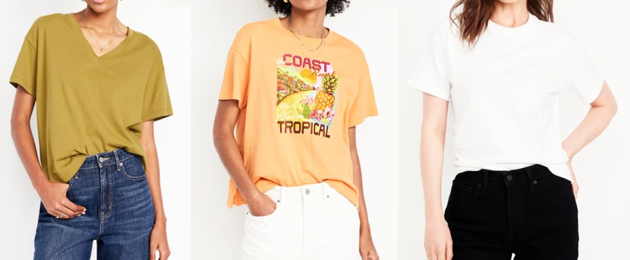three women in green, orange, and white t-shirts