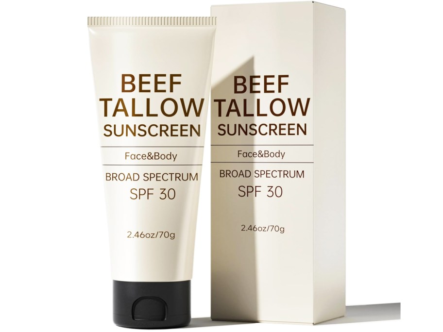tube of beef tallow sunscreen next to its box