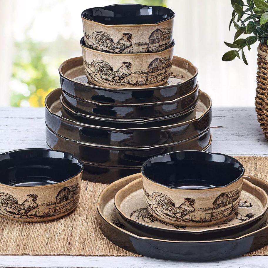 table with Pfaltzgraff Farmyard Rooster 12-Piece Dinnerware Set in black and beige