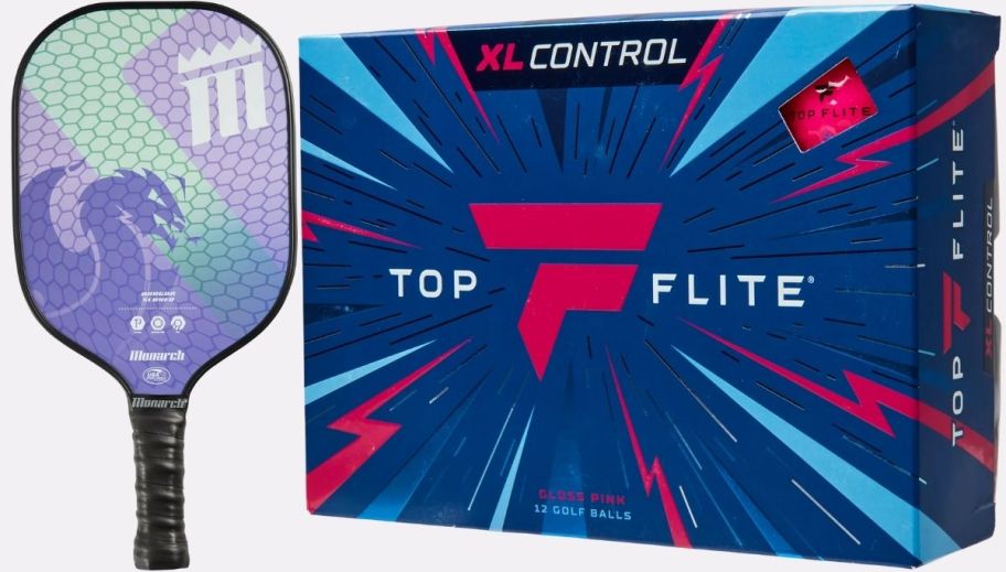 a pickleball paddle and a box of golf balls