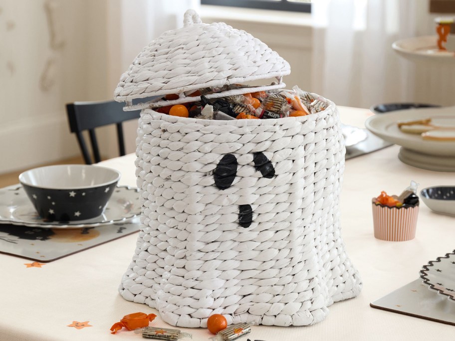Pottery Barn Ghost Woven Large Candy Container w: Lid