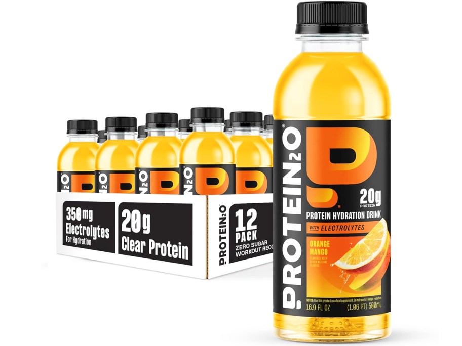 case of orange Protein2o Hydration Drink bottles with one large bottle in front of it