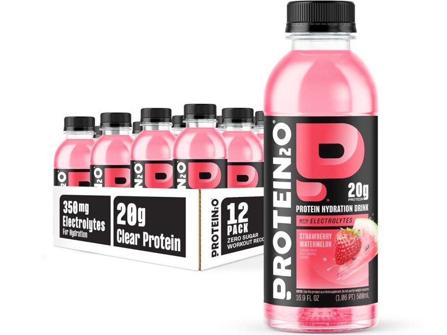 case of pink Protein2o Hydration Drink bottles with one large bottle in front of it