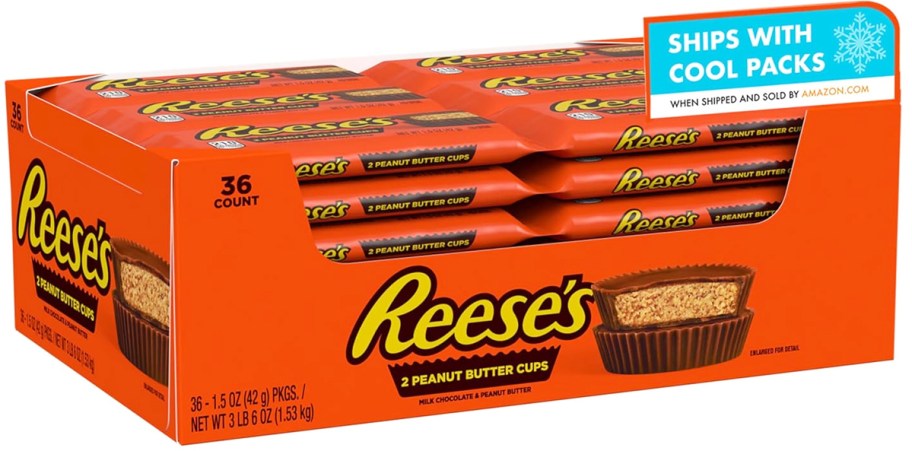 orange box filled with packs of Reese’s Peanut Butter Cups