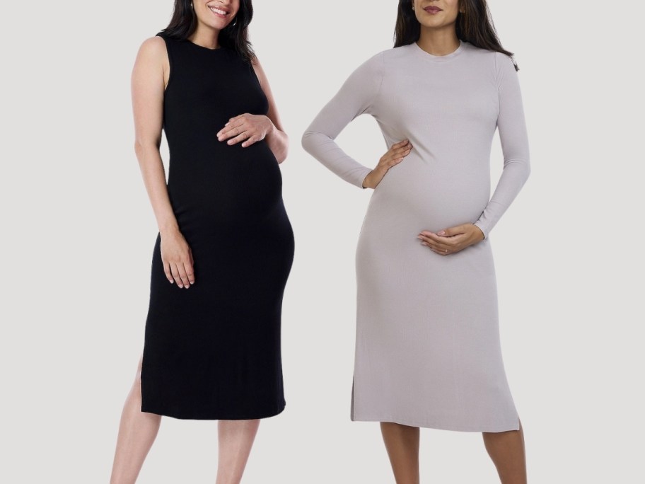 two women in rib knit maternity midi dresses