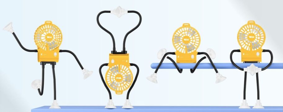 Robot Clip-on Stroller Fan in yellow in different poses that it can be converted to