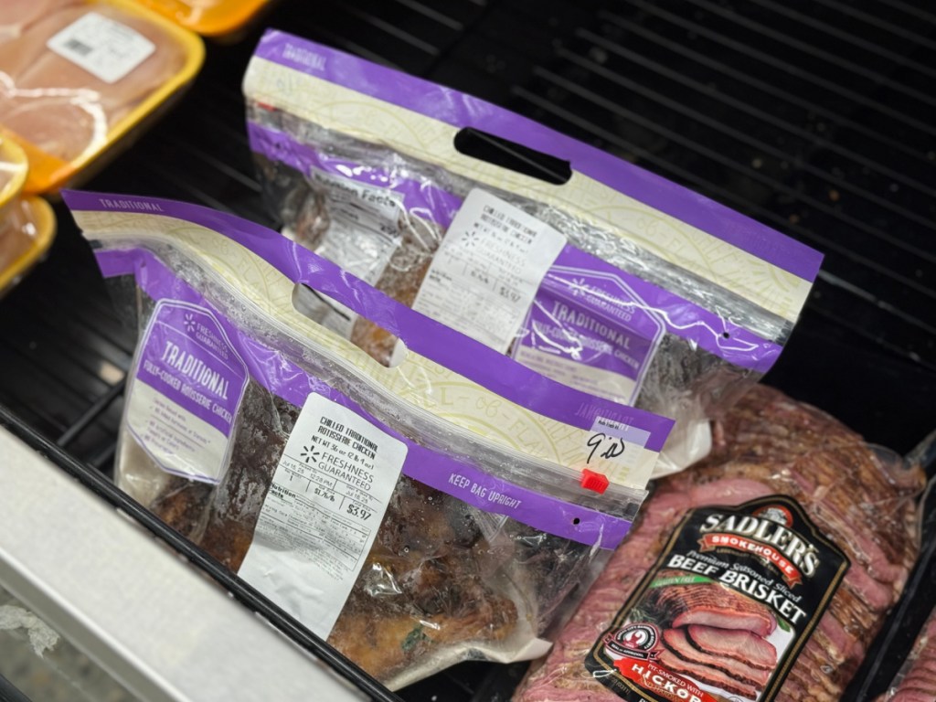 Rotisserie chicken and bag on Walmart deli shelf