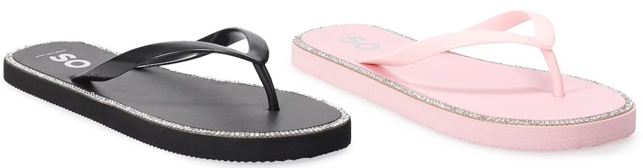 black and pink flip flops with rhinestones around edges